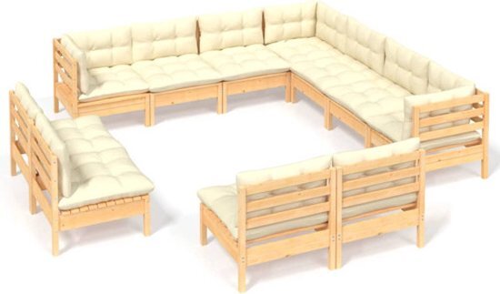 vidaXL 11-delige Loungeset met crèmekleurige kussens grenenhout