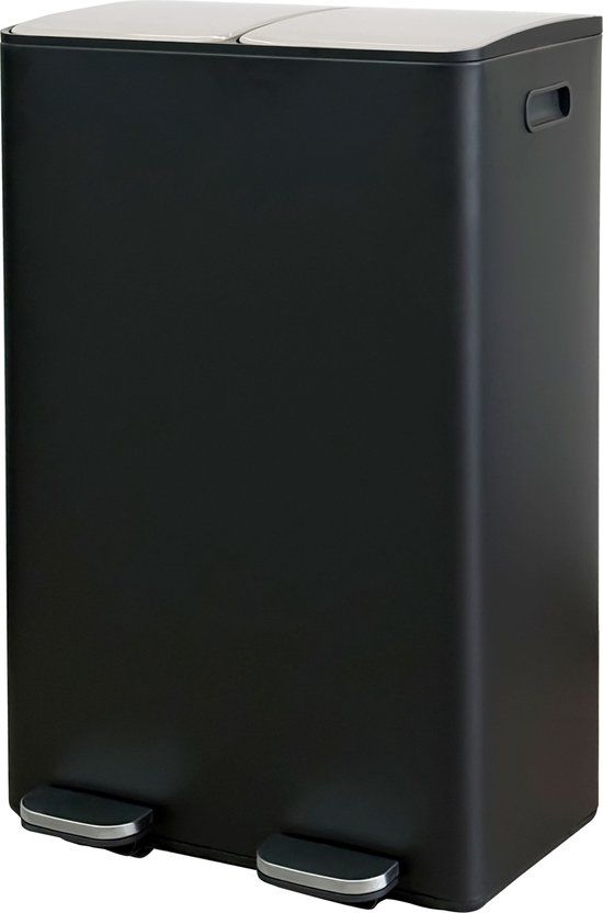 Wicotex TOM 60L Duo Pedal Bin - Black Stainless Steel Look - 2 Compartments - Soft Close & Airtight