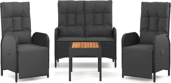 vidaXL 4-delige Tuinset met kussens poly rattan zwart
