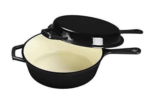 Echtwerk Stoofpan en grillpan 2-in-1 set, gietijzeren braadpan met deksel, zwart, 2,5 l