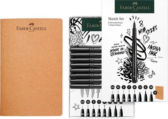 Faber-Castell Pitt Artist Pen Tekenset met Schetsboek, Zwart, 8 Stuks