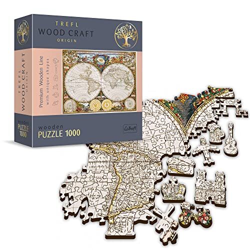 Trefl 20144 1000 elementen, Wood Craft, onregelmatige vormen, 100 reisfiguren, moderne premium, doe-het-zelf, voor volwassenen en kinderen vanaf 12 jaar, antieke wereldkaart puzzel