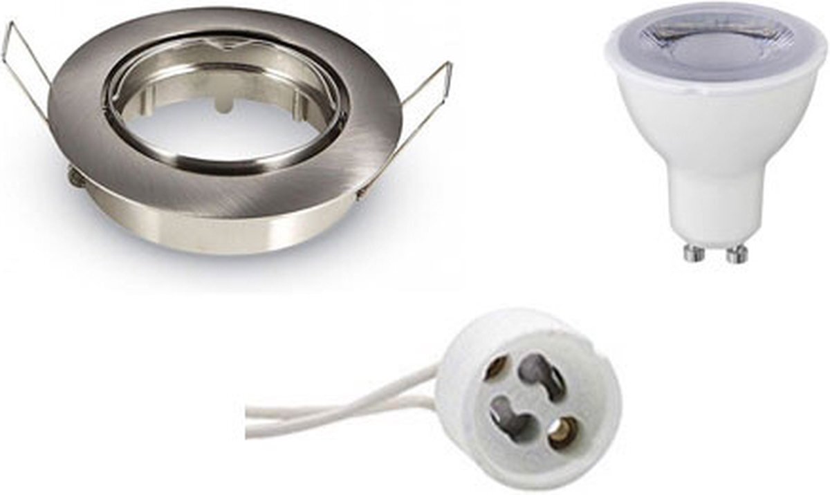 Qualu LED Spot Set - GU10 Fitting - Dimbaar - Inbouw Rond - Mat Chroom - 6W - Helder/Koud Wit 6400K - Kantelbaar Ø82mm