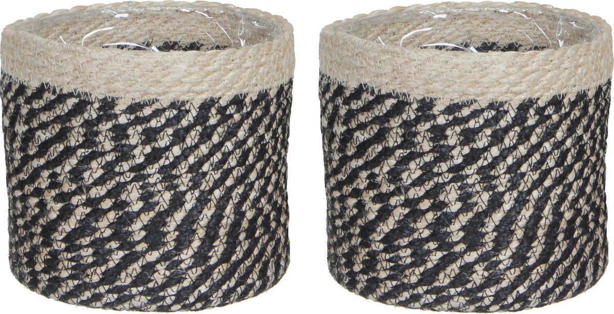 Mica Decorations 2x stuks naturel zwart rotan planten/bloemen pot mand van gedraaid jute/riet/zeegras H18 en D18 cm - Met plastic binnenkant