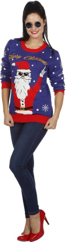 Feestbeest.nl Kersttrui blauw rocking Santa voor volwassenen maat XL