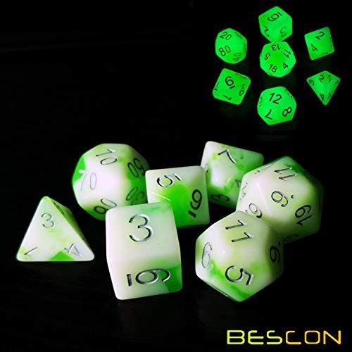 BESCON DICE Bescon Glowing Polyhedral RPG Dice Set Luminous Jade, Bescon Glow in Dark Poly Dice Set of 7, DND Role Playing Game Dice