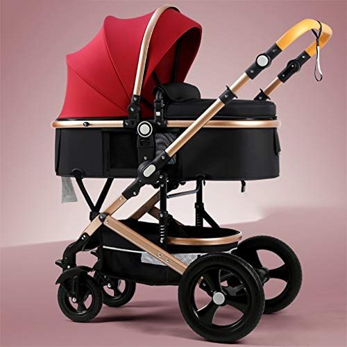TXTC Kinderwagen kinderwagen kinderwagen kinderwagen, compacte Buggy kinderwagens, draagbare kinderwagen vervoer anti-shock kinderwagen kinderwagen met aluminium frame voor babymeisje, mannelijke baby (gouden buis-rood)