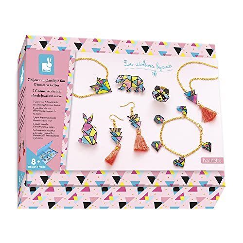 Janod - Set van 7 sieraden van kunststof, geometrisch, om te knutselen – Les Ateliers Bijoux – knutselset voor kinderen – behendigheid en concentratie – vanaf 8 jaar, J07996