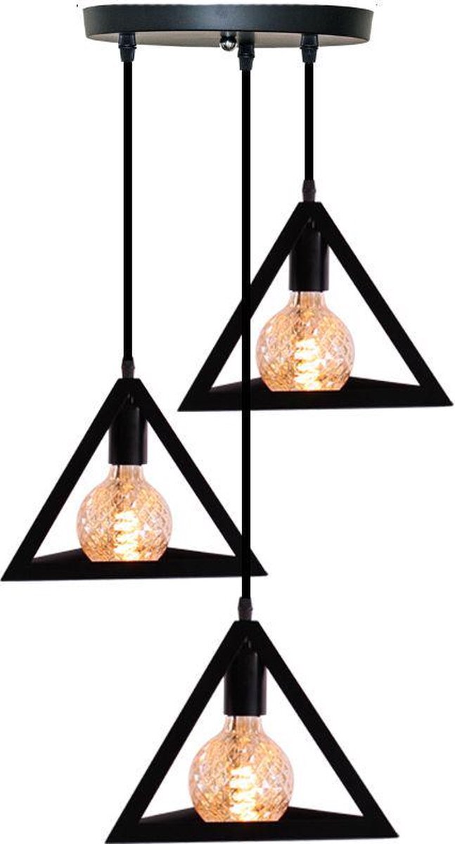 Homestyle Pro Zwarte hanglamp met 3 lichtpunten - Pyramide - kamerlamp - Plafondlamp - Keukenlamp - Plaat Ø25 cm - Zwart - Metaal - Industrieel - in lengte verstelbaar - E27 - 240V - zonder lichtbron