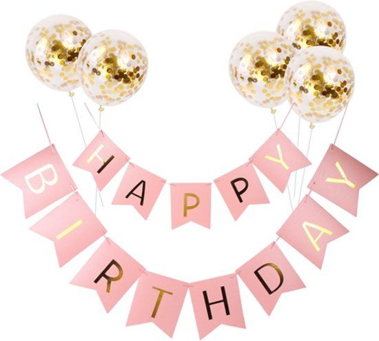 Luxore Happy Birthday Verjaardag Slinger DELUXE Roze met Confetti Ballonnen