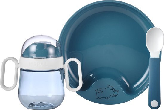 Mepal Mio – Babyservies 3-delig – bestaat uit een oefenbord, antilekbeker en oefenlepel – Deep blue – licht in gewicht – kan tegen een stootje