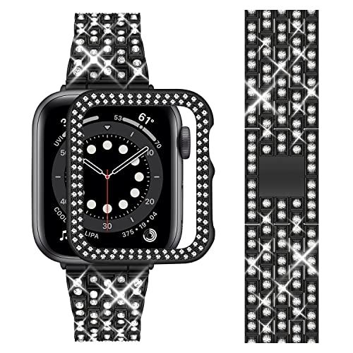 Wutwuk Compatibel Bling Apple Watch bandjes 44 mm met Bling hoesje, zwart sprankelend metaal vrouw iWatch vervanging, Bling armband diamant strass polsband voor Apple Watch serie SE 6 5 4 44 mm