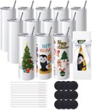 VEVOR 12-Pack Rechte Sublimatiebekers, 20oz Blanco Bekers, Roestvrijstalen Dubbelwandige Bekers met Rietje, Deksel, Borstel, Bodem, Krimpfolie, Geschenkdoos, voor Hittepers En Warmteoverdracht