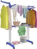 Étendage à linge sur roulettes, étendoir multifonctionnel à 3 niveaux, séchoir à linge, pliable, petit étendoir à linge, peu encombrant avec ailes, étendoir à linge pour intérieur et extérieur (bleu et gris)