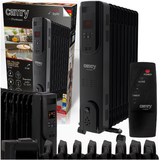 Camry Elegante zwarte LED-olieverwarmer met afstandsbediening, 9 ribben, 2000 W, mobiele wielen, bescherming tegen oververhitting