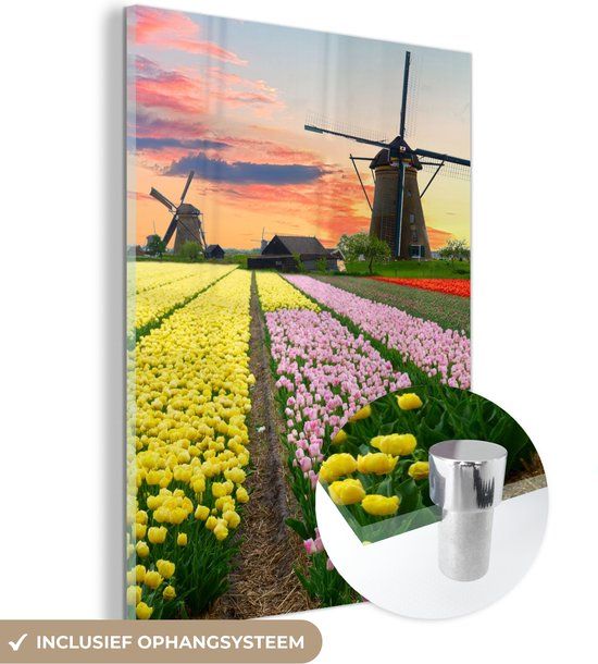 MuchoWow® Glass Painting 30x40 cm - Acrylic Glass Painting - Windmill - Tulips - Flowers - Netherlands - Photo on Glass - Paintings