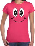 Bellatio Decorations Verkleed T-shirt voor dames - Smile / Emoticon - fuchsia roze - carnaval - feestkleding XS