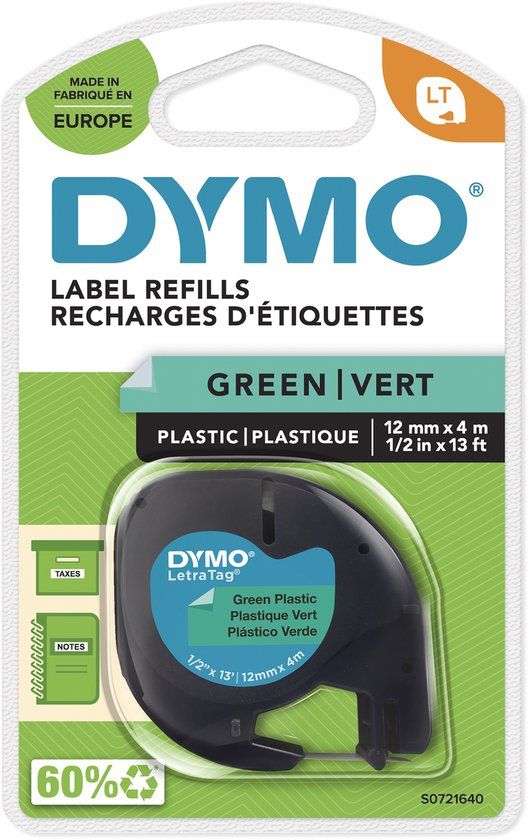 DYMO LetraTag originele plastic labels | Zwarte afdruk op groene etiketten | 12 mm x 4 m