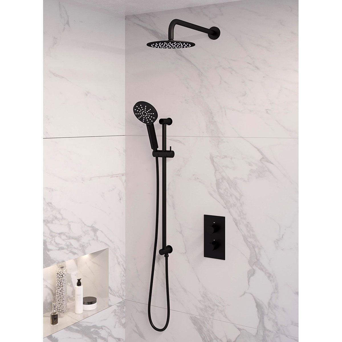 Brauer Regendoucheset 45 Inbouw Muur Black Edition 20cm Rond Mat Zwart 2 Greeps 3-weg met Thermostaatkraan Glijstang en Handdouche