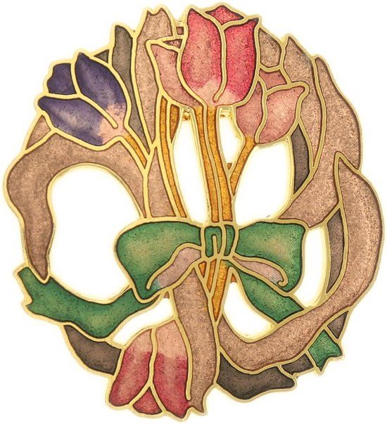 Behave® Dames Broche rond tulpen bloemen bruin - emaille sierspeld - 4,5 cm