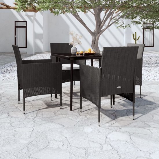 The Living Store Tuinmeubelset Zwart - PE-rattan - Gepoedercoat staal - Tafel 80x80x74cm - Stoel 53x58x84cm