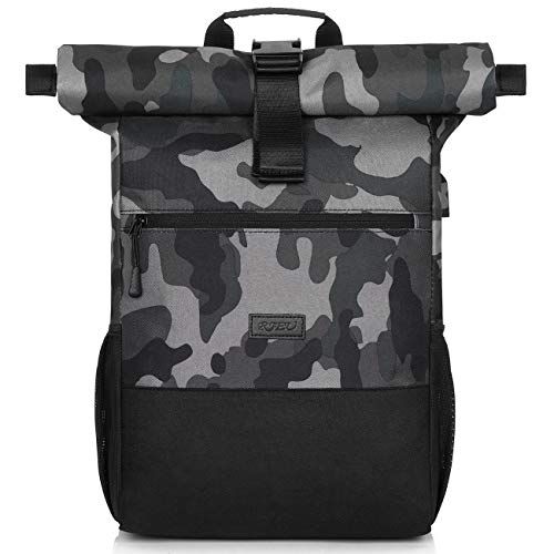 RJEU Rolltop Rugzak voor dames en heren,Laptoprugzak voor 17,3-inch laptop,dagrugzak waterdicht en anti-diefstal,Schoolrugzak voor tienermeisjes en jongens met USB-oplaadpoort voor werk,universiteit,reizen,sportrugzak (ZwartCamouflage-26L)