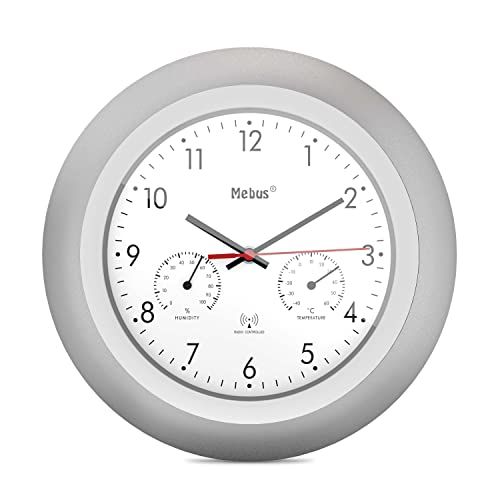 Mebus Radiografische wandklok met thermometer en hygrometer - zilver - 29 cm
