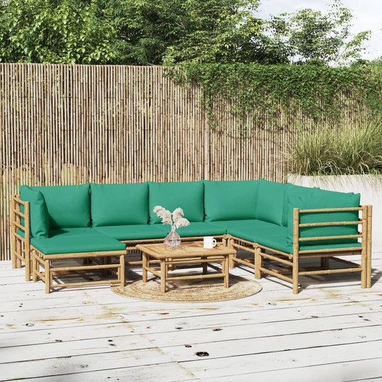 The Living Store Bamboe Loungeset - Modulair - Groen Kussen - 55x65 cm - 69x69 cm - 55x65 cm - 150x30 cm - 55x65 cm - 7 zitkussens - 9 rugkussens