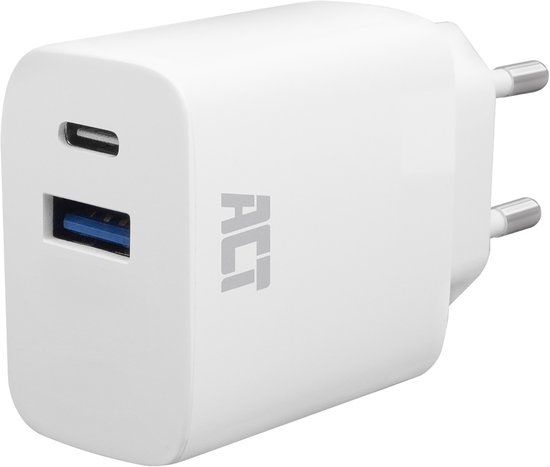 ACT USB-C & USB-A lader 20W met Power Delivery PPS, Quick Charge, GaNFast AC2122