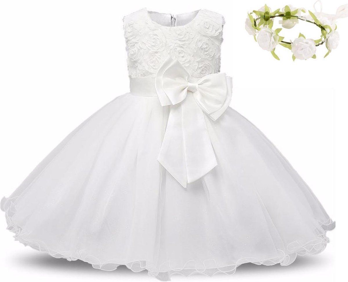 Spaansejurk NL Communie/Bruidsmeisjes Jurk en bloemenkrans - wit - Maat 116/122