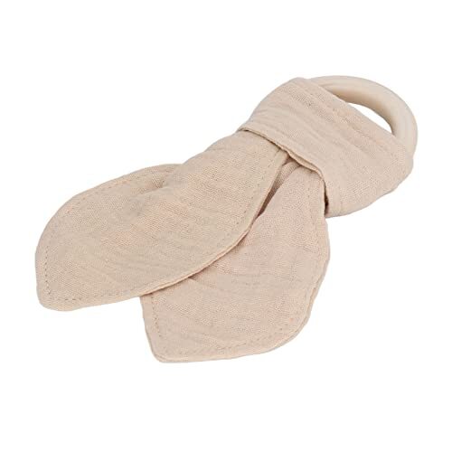 Bannt Houten Baby Tandjes Ring Burr Free Baby Houten Ring Bijtring Rustgevende Katoenen Gaas Bijtvaste Bunny Oren Ontwerp voor Baby (Khaki)