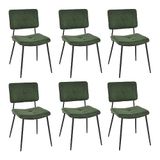 MEUBLE COSY Eetkamerstoelen, set van 6 retro keukenstoelen, ergonomische woonkamerstoel, bureaustoel met rugleuning, zitting van stof, metalen poten, groen, 59,5x45x82cm