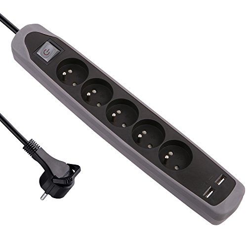 Electraline Electrotaline stekkerdoos met 5 stopcontacten en 2 USB-poorten en schakelaar, afdekking van silicone. 2 m grijs.