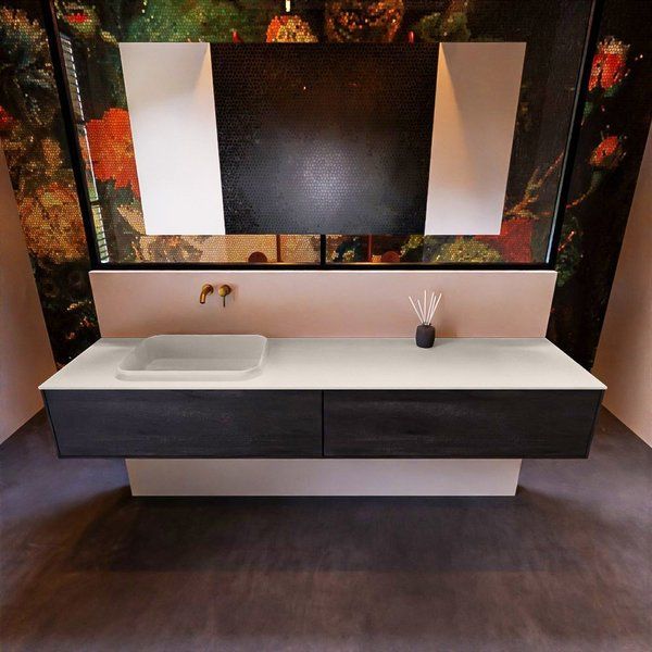 Mondiaz ERIN 200cm badmeubelset onderkast Dark brown met 2 lades Wastafel RIDGE links Linen ERIN12851
