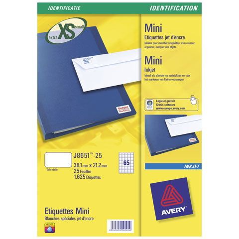 Avery J8651-25 Printeretiketten - Wit - 1625 stuks - A4 - Inkjet