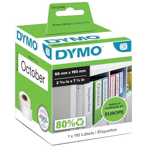 DYMO LW Originele kleine etiketten voor boogmappen, 38 mm x 190 mm, rol van 110, zwarte print op witte achtergrond, voor LabelWriter labelapparaten