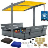 KOTARBAU® Houten Zandbak - 120 x 120 cm - Grijs - Zandbak met Bankjes - met Geel Dak - en Grondzeil