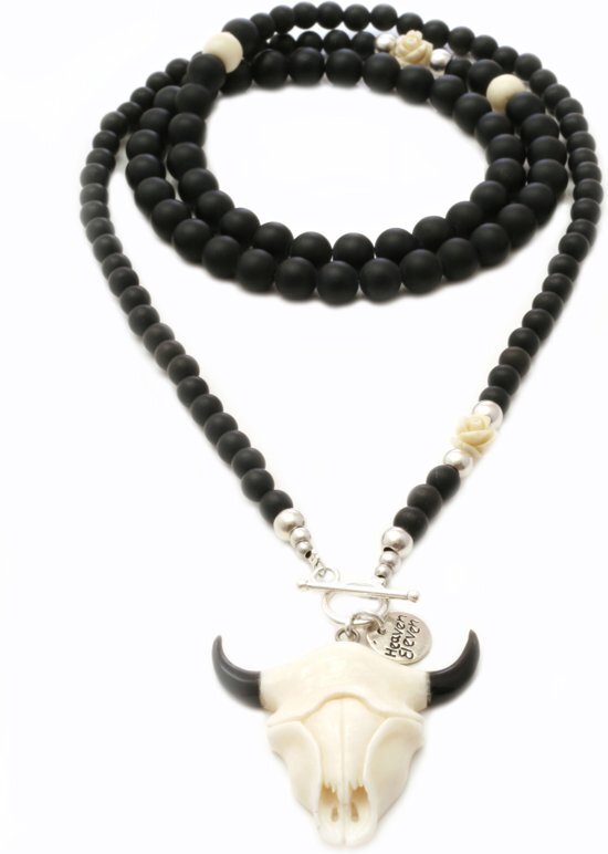 Heaven Eleven - Ibiza - dames ketting - Edelsteen matte onyx - bull van handgemaakt hertegewei - 80cm