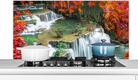 KitchenYeah Spatscherm keuken 120x60 cm - Waterval - Herfst - Natuur - Aluminium
