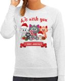 Bellatio Decorations Foute Kersttrui / sweater voor dames - We wish you - grijs - kerst katjes - dieren S