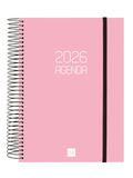 Finocam Spiraalkalender 2026, 1 dag per pagina, januari - december (12 maanden), jaarplanner 2026, met elastiek, deksel van polypropyleen, ondoorzichtig, roze, Catalaans