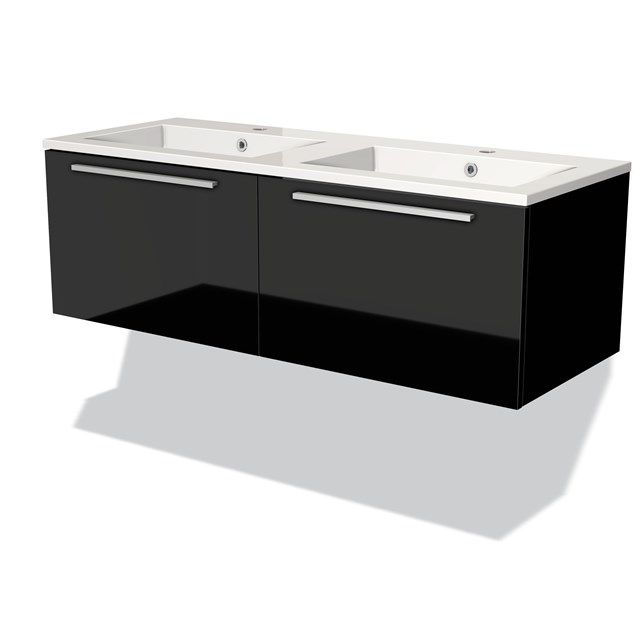 Maxaro Badkamermeubel 120cm Modulo Hoogglans Zwart 2 Lades Vlak Wastafel Mineraalmarmer