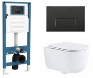 QeramiQ Dely Swirl Toiletset - reservoir encastré Qeramiq Flush - abattant avec frein de chute - plaque de commande en plastique noir mat - boutons rectangulaires - blanc brillant