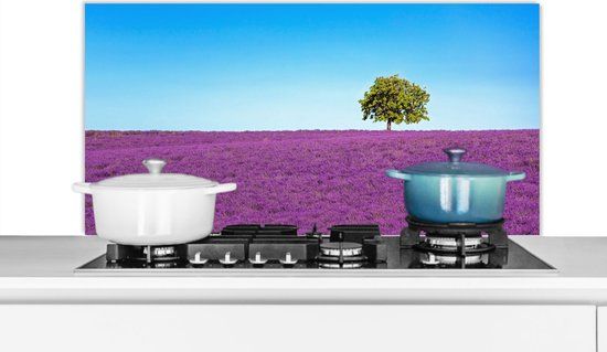 KitchenYeah Spatscherm keuken 100x50 cm - Kookplaat achterwand Boom - Paars - Lucht - Lavendel - Aluminium
