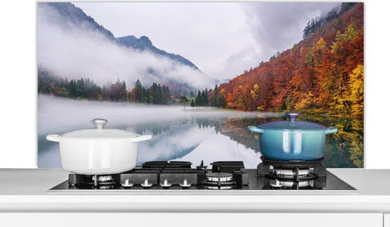 KitchenYeah Spatscherm keuken 120x60 cm - Herfst - Mist - Water - Landschap - Aluminium