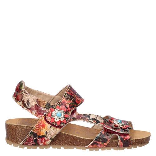 Mustang Imitatieleren Gebloemde Sandalen met Sleehak - Rood Meerkleurig