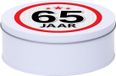 Merkloos Snoeptrommel - koektrommel Cadeau - wit - rond blik - met 65 jaar sticker - Cadeauverpakking - verjaardag