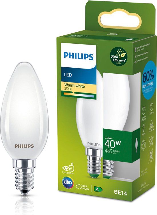 Philips Ultra Efficient LED Kaarslamp - E14 - 2.3W - Warm Wit Licht - Mat
