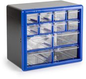 PLASTICFORTE Sorteerbakjes spijkers/schroeven - 12x lades - 26 x 16 x 23 cm - opbergkastjes - ophangbaar - blauw/transparant