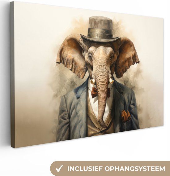 Canvas schilderij 60x40 cm - Olifant - Vintage - Wanddecoratie